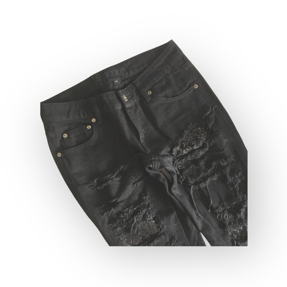 LF Carmar ❉ Skinny Shredded Rips Stretch Jeans ❉ Lace Patches ❉ Jet Black ❉ 25 ❉ - Picture 5 of 16